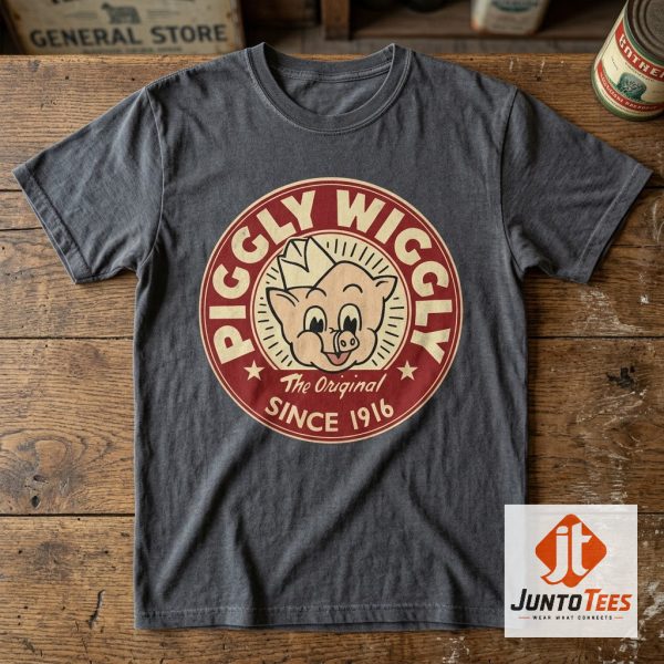 Close up of the Piggly Wiggly Mr. Pig mascot graphic on a cream cotton shirt.