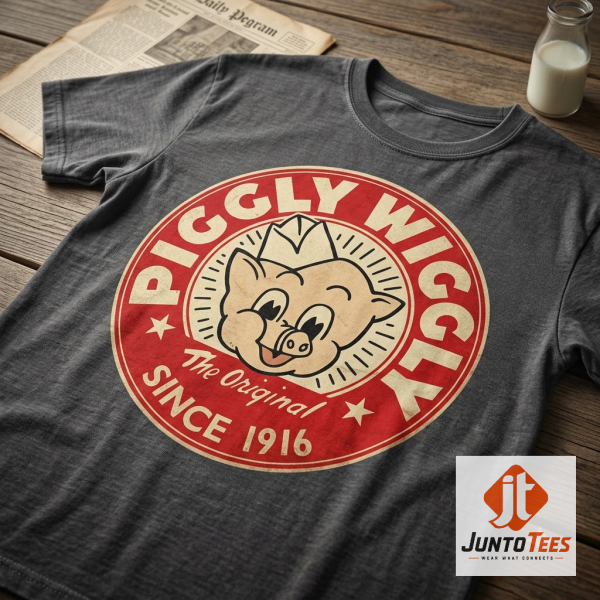Front view of a cream Piggly Wiggly t-shirt with a distressed 1916 Mr. Pig logo graphic. (Detail view #3)