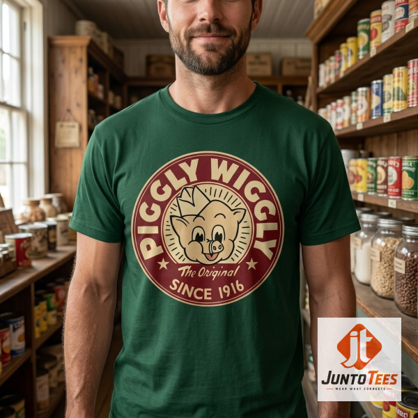 Front view of a cream Piggly Wiggly t-shirt with a distressed 1916 Mr. Pig logo graphic. (Detail view #4)