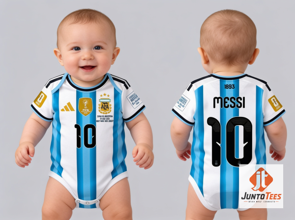 Front view of The Last M10 Lionel Messi Argentina World Cup Baby Bodysuit Soccer Jersey Before 2026 Retirement with official design details