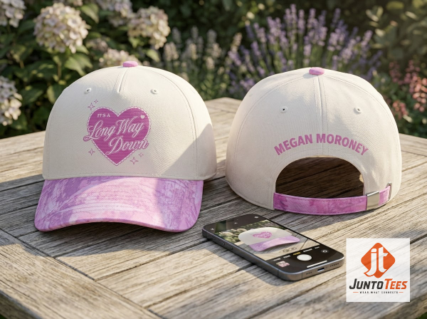Front view of Megan Moroney It's A Long Way Down Pink Heart Baseball Cap Cloud 9 Merch 2026 with official design details