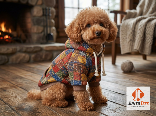 A brown poodle wearing a Dolly Parton Coat of Many Colors inspired faux quilted pet hoodie sitting by a fireplace.