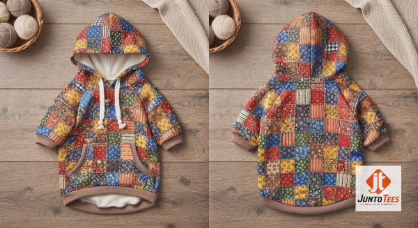 A brown poodle wearing a Dolly Parton Coat of Many Colors inspired faux quilted pet hoodie sitting by a fireplace. (Detail view #2)