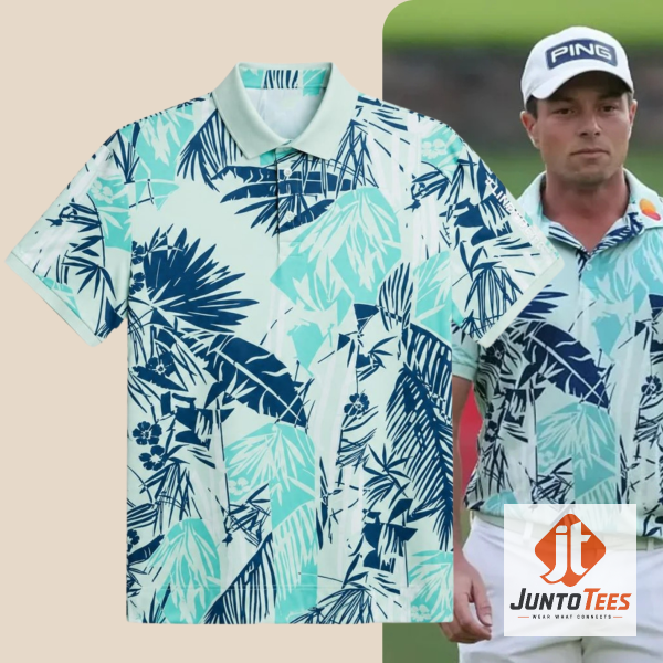 Front view of 2026 PGA Travelers Championship Viktor Hovland Polo Shirt Today Brand with official design details