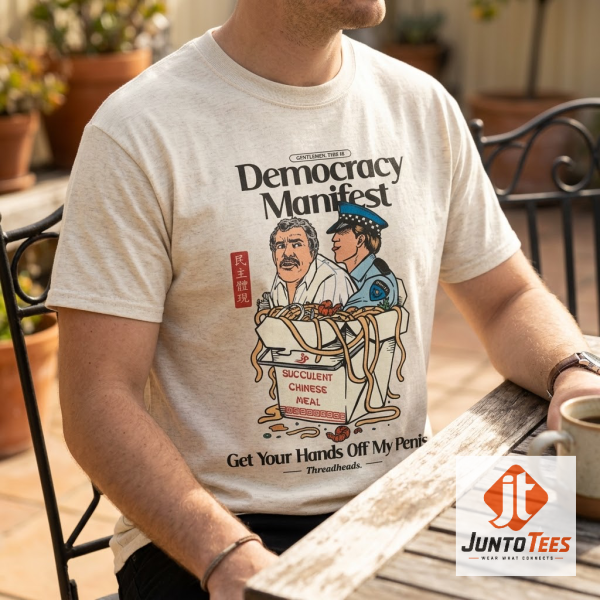 Close-up of the Democracy Manifest meme graphic on an oatmeal unisex t-shirt.