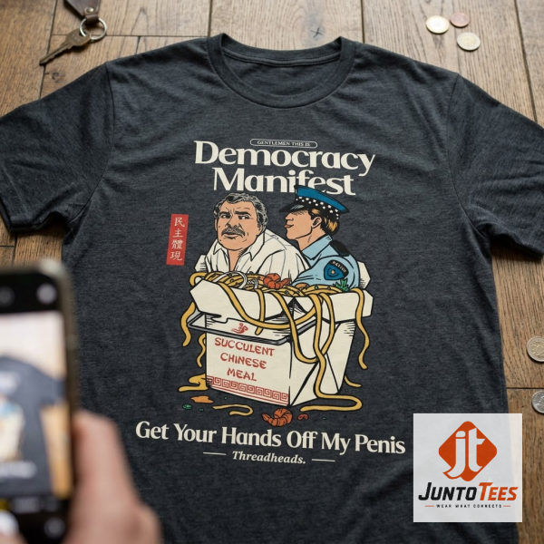 Democracy Manifest Meme T-Shirt 2 Close-up of the Democracy Manifest meme graphic on an oatmeal unisex t-shirt. (Detail view #3)