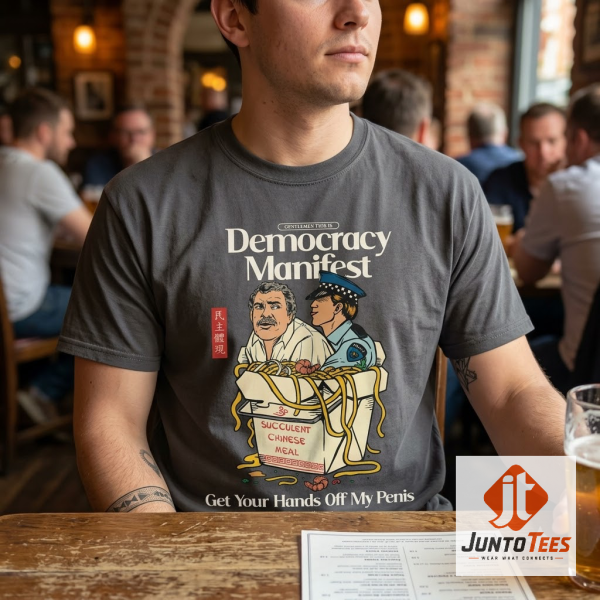 Democracy Manifest Meme T-Shirt 3 Close-up of the Democracy Manifest meme graphic on an oatmeal unisex t-shirt. (Detail view #4)