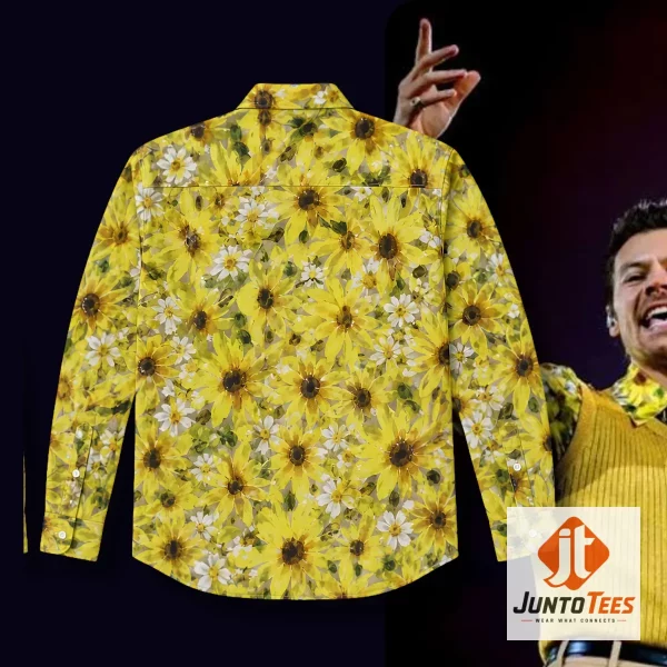 Front view of Harry Styles Wears Custom Bottega Veneta Sunflower Long Sleeve Button Up Shirt at NYC Together Together Tour (August 28, 2026) with official design details