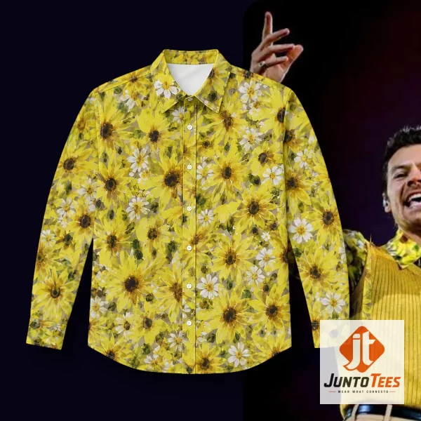 Harry Styles Wears Custom Bottega Veneta Sunflower Long Sleeve Button Up Shirt at NYC Together Together Tour (August 28, 2026) 1 Detailed look of Harry Styles Wears Custom Bottega Veneta Sunflower Long Sleeve Button Up Shirt at NYC Together Together Tour (August 28, 2026) in 3d Products