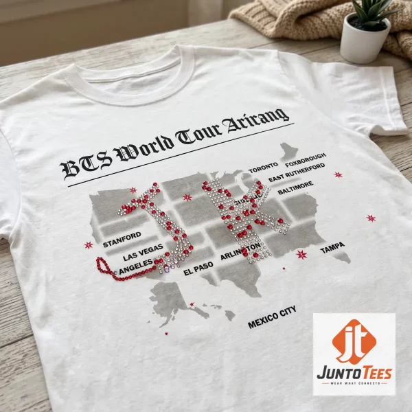 Official BTS ARIRANG Tour 2026 Merch Jungkook Custom USA Map White T-Shirt Given to Army Fan 1 Front view of a white BTS Arirang Tour t-shirt with a graphic USA map and JK initials in a rhinestone-style print. (Detail view #2)