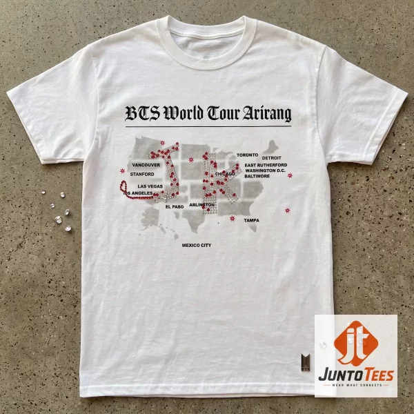Official BTS ARIRANG Tour 2026 Merch Jungkook Custom USA Map White T-Shirt Given to Army Fan 2 Front view of a white BTS Arirang Tour t-shirt with a graphic USA map and JK initials in a rhinestone-style print. (Detail view #3)
