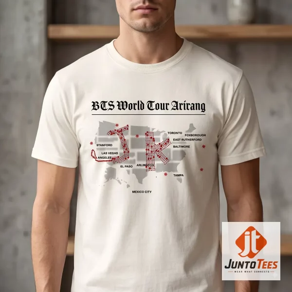 Official BTS ARIRANG Tour 2026 Merch Jungkook Custom USA Map White T-Shirt Given to Army Fan 3 Front view of a white BTS Arirang Tour t-shirt with a graphic USA map and JK initials in a rhinestone-style print. (Detail view #4)
