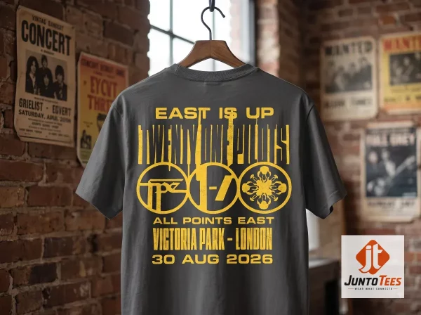 Twenty One Pilots All Points East 2026 festival merchandise t-shirt with yellow graphic on charcoal fabric. (Detail view #2)