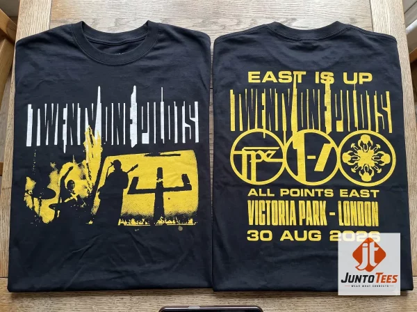 Twenty One Pilots All Points East 2026 festival merchandise t-shirt with yellow graphic on charcoal fabric. (Detail view #3)