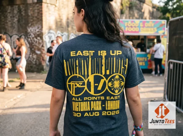 Twenty One Pilots All Points East 2026 festival merchandise t-shirt with yellow graphic on charcoal fabric. (Detail view #4)
