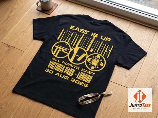 Twenty One Pilots All Points East 2026 festival merchandise t-shirt with yellow graphic on charcoal fabric. (Detail view #5)