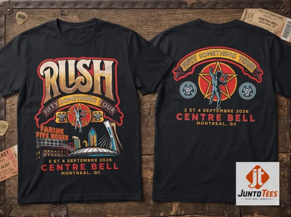 Front view of RUSH Fifty Something Tour September 2 4 2026 Montreal Centre Bell Concert T-Shirt Exclusive Merch with official design details