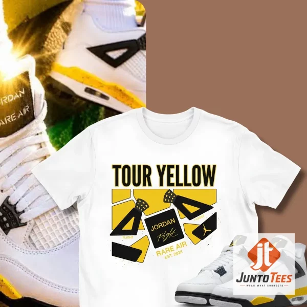 Front view of T Shirt to match Air Jordan 4 Retro 'Rare Air Tour Yellow' 2026 Sneakers with official design details