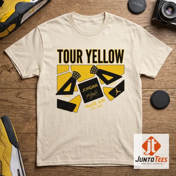 Close-up highlight of T Shirt to match Air Jordan 4 Retro 'Rare Air Tour Yellow' 2026 Sneakers styled with