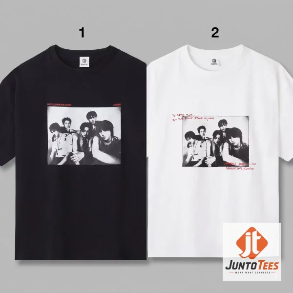 Front view of the black CORTIS 2026 Japan tour graphic t-shirt showing the band members in a black and white photo.