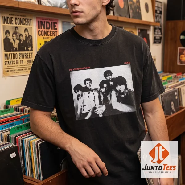 Front view of the black CORTIS 2026 Japan tour graphic t-shirt showing the band members in a black and white photo. (Detail view #3)