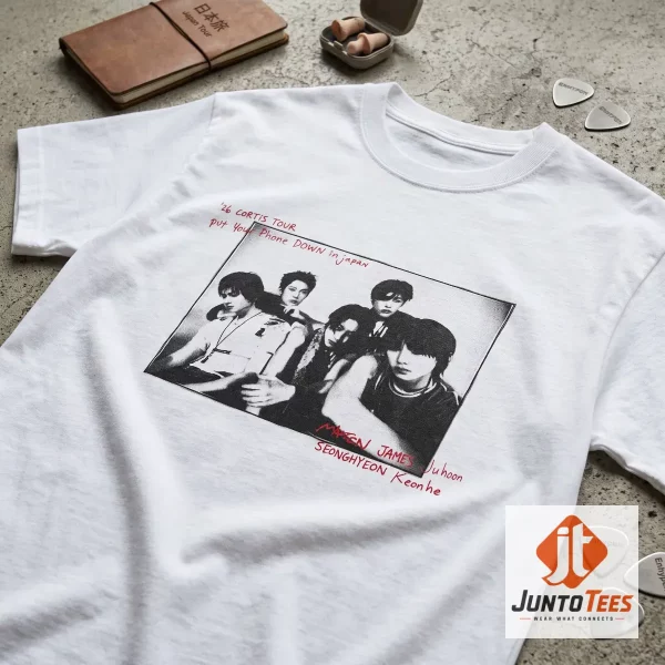 Front view of the black CORTIS 2026 Japan tour graphic t-shirt showing the band members in a black and white photo. (Detail view #4)
