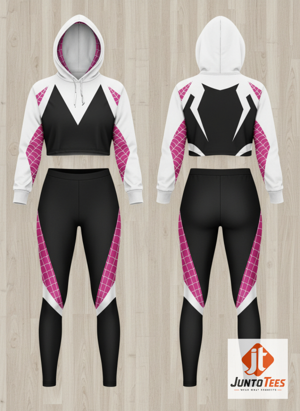 Spider-Gwen Cosplay Costume Adult Cropped Hoodie Leggings Set 1 Spider-Gwen Ghost-Spider cosplay cropped hoodie and leggings set showing front and back views. (Detail view #2)