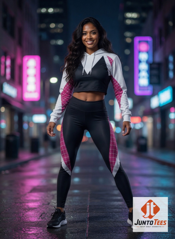 Spider-Gwen Cosplay Costume Adult Cropped Hoodie Leggings Set 2 Spider-Gwen Ghost-Spider cosplay cropped hoodie and leggings set showing front and back views. (Detail view #3)