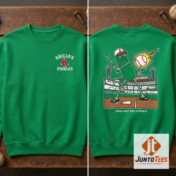 Front view of a vibrant green Boston Red Sox x Grillo's Pickles crewneck sweatshirt, featuring the Grillo's Pickles logo with a small Red Sox 'B' emblem on the left chest, laid flat on a rustic wooden surface.