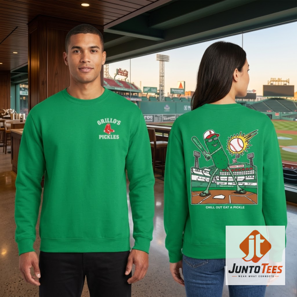 Boston Red Sox x Grillo's Pickles Crewneck Sweatshirt 2026 Fenway Park 2 Front view of a vibrant green Boston Red Sox x Grillo's Pickles crewneck sweatshirt, featuring the Grillo's Pickles logo with a small Red Sox 'B' emblem on the left chest, laid flat on a rustic wooden surface. (Detail view #3)