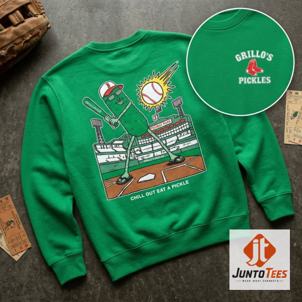 Boston Red Sox x Grillo's Pickles Crewneck Sweatshirt 2026 Fenway Park 3 Front view of a vibrant green Boston Red Sox x Grillo's Pickles crewneck sweatshirt, featuring the Grillo's Pickles logo with a small Red Sox 'B' emblem on the left chest, laid flat on a rustic wooden surface. (Detail view #4)