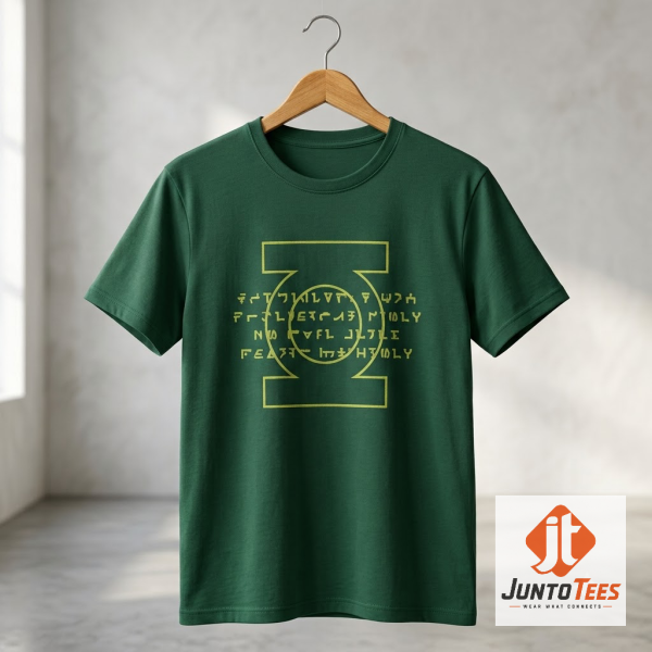 Green Lantern Oath DC Comics T-Shirt featuring Sheldon Cooper inspired graphic design on a green shirt.