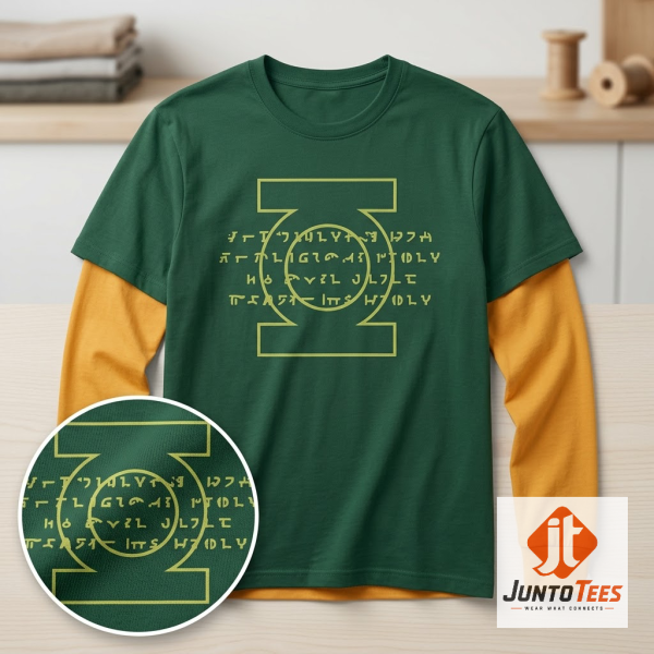 Green Lantern Oath DC Comics T-Shirt featuring Sheldon Cooper inspired graphic design on a green shirt. (Detail view #2)