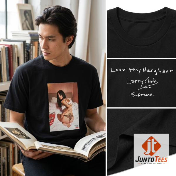 Model wearing black Supreme Larry Clark Love Thy Neighbor t-shirt with photo graphic