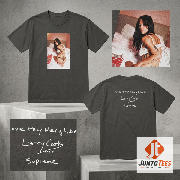 Supreme Larry Clark Love Thy Neighbor Gabbriette Graphic T-Shirt 2 Model wearing black Supreme Larry Clark Love Thy Neighbor t-shirt with photo graphic (Detail view #3)