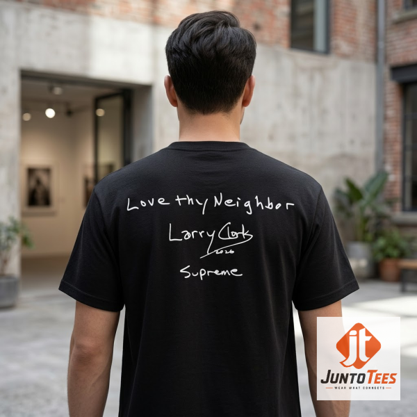 Supreme Larry Clark Love Thy Neighbor Gabbriette Graphic T-Shirt 3 Model wearing black Supreme Larry Clark Love Thy Neighbor t-shirt with photo graphic (Detail view #4)