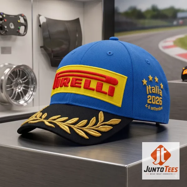 Front-side angle of the 2026 Pirelli Italian Grand Prix podium cap with gold laurel print.