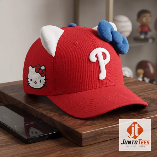 Front view of Philadelphia Phillies HELLO KITTY Hat Cap 2026 Theme Night Giveaway 9-8-2026 with official design details