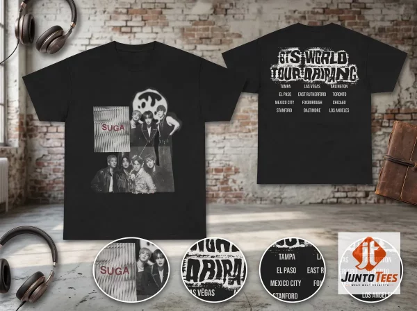 Front view of BTS World Tour Arirang Suga Agust D Retro Concert Graphic T-Shirt 2026 with official design details