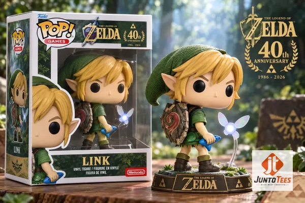 Link Funko Pop 1303 holding Ocarina of Time with 40th Anniversary packaging.