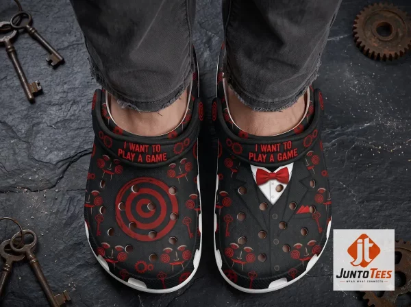 Front view of I Want To Play A Game Jigsaw Billy Puppet Horror Classic Clogs Crocs Shoes with official design details
