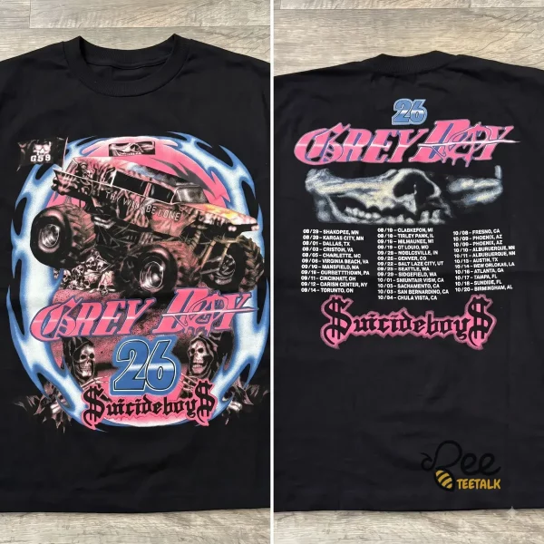 Front view of $uicideboy$ Grey Day 2026 tour shirt featuring a monster truck graphic and G59 flag.