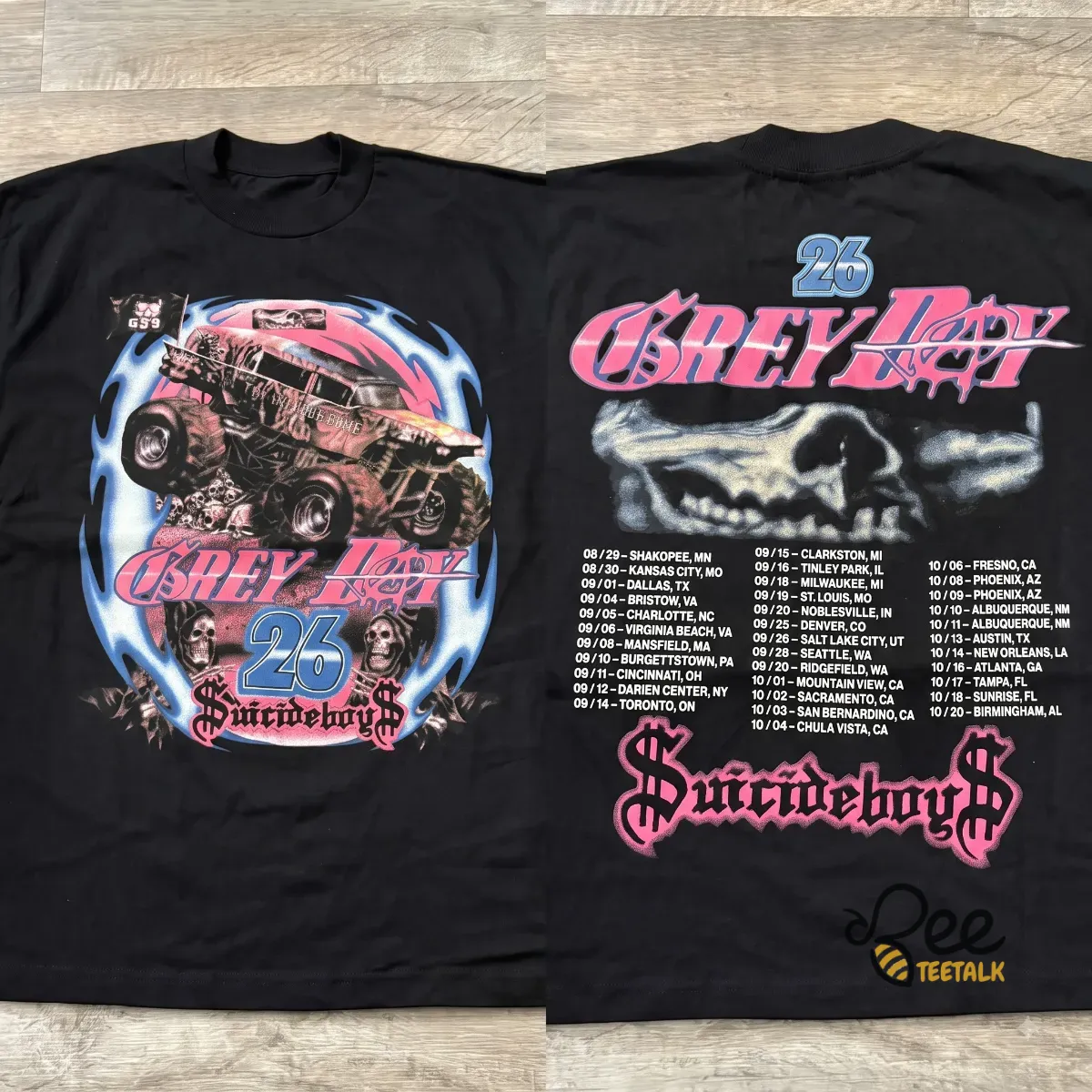 $uicideboy$ Grey Day 2026 Tour Monster Truck G59 Records Tee Shirt 5 Back view of $uicideboy$ Grey Day 2026 tour shirt showing tour dates and skeletal jaw graphic.