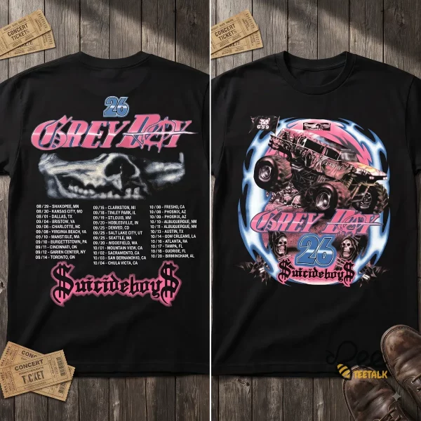 $uicideboy$ Grey Day 2026 Tour Monster Truck G59 Records Tee Shirt 2 Front view of $uicideboy$ Grey Day 2026 tour shirt featuring a monster truck graphic and G59 flag. (Detail view #3)