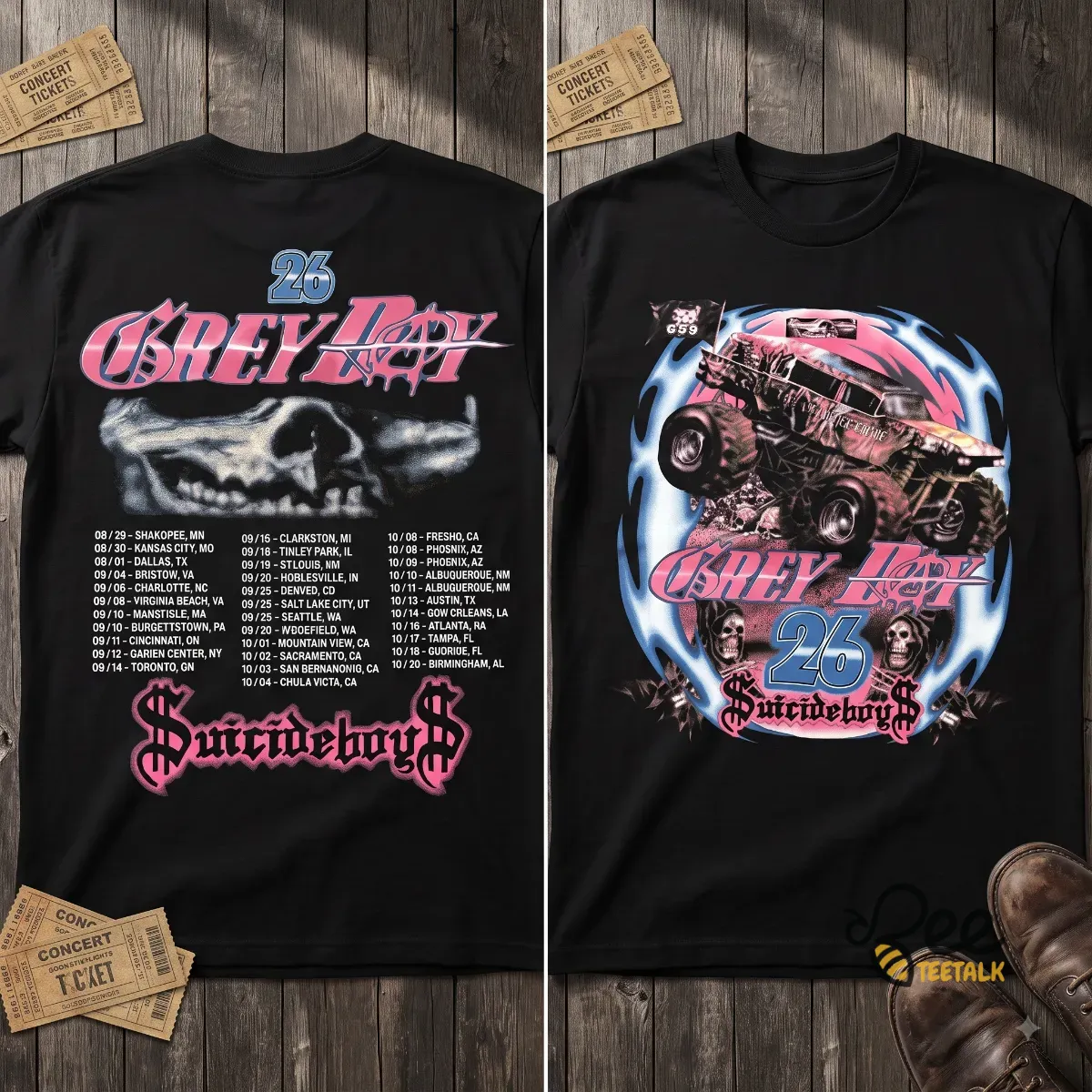 $uicideboy$ Grey Day 2026 Tour Monster Truck G59 Records Tee Shirt 6 Front view of $uicideboy$ Grey Day 2026 tour shirt featuring a monster truck graphic and G59 flag. (Detail view #3)