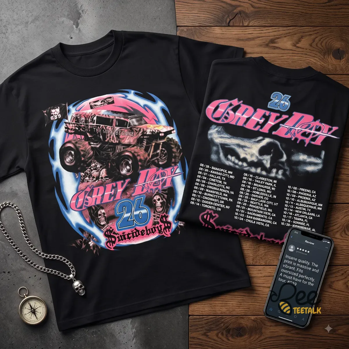 $uicideboy$ Grey Day 2026 Tour Monster Truck G59 Records Tee Shirt 8 Front view of $uicideboy$ Grey Day 2026 tour shirt featuring a monster truck graphic and G59 flag. (Detail view #4)