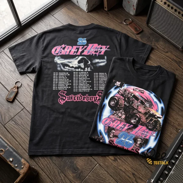 $uicideboy$ Grey Day 2026 Tour Monster Truck G59 Records Tee Shirt 4 Front view of $uicideboy$ Grey Day 2026 tour shirt featuring a monster truck graphic and G59 flag. (Detail view #5)