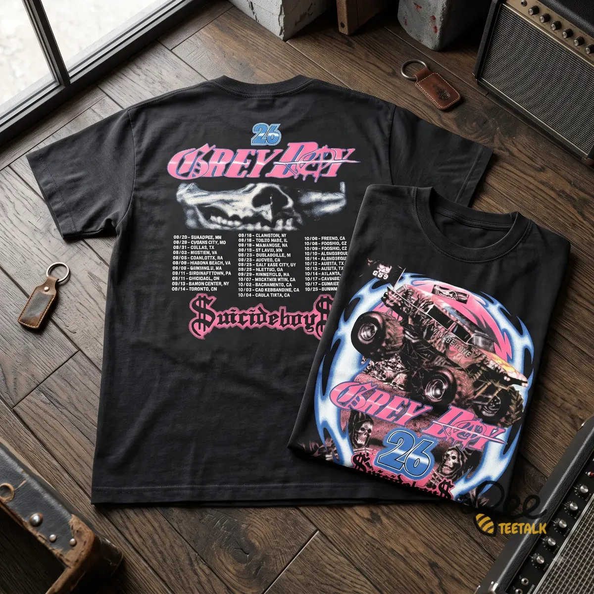 $uicideboy$ Grey Day 2026 Tour Monster Truck G59 Records Tee Shirt 9 Front view of $uicideboy$ Grey Day 2026 tour shirt featuring a monster truck graphic and G59 flag. (Detail view #5)