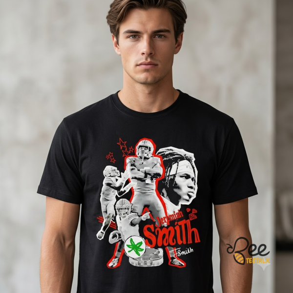 Jeremiah Smith Ohio State Buckeyes Football Graphic T-Shirt 1 Jeremiah Smith Ohio State Buckeyes football graphic t-shirt on a model (Detail view #2)