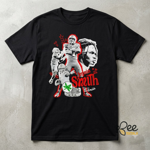 Jeremiah Smith Ohio State Buckeyes Football Graphic T-Shirt 2 Jeremiah Smith Ohio State Buckeyes football graphic t-shirt on a model (Detail view #3)